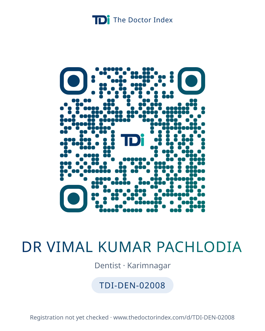 QR card for Dr Vimal Kumar Pachlodia, TDI-DEN-02008