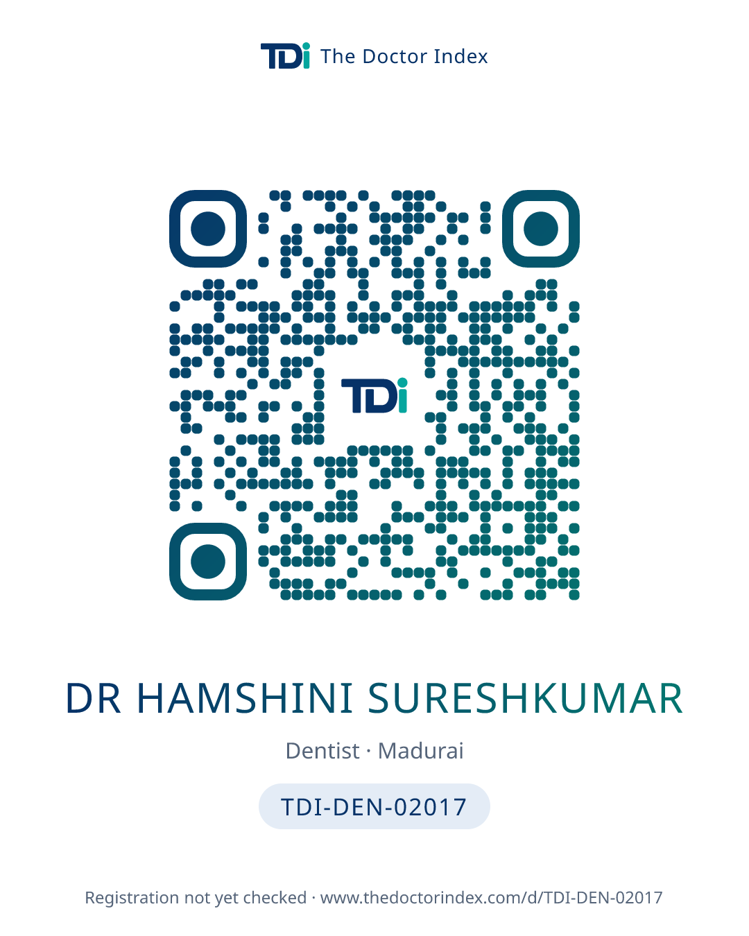 QR card for Dr Hamshini Sureshkumar, TDI-DEN-02017