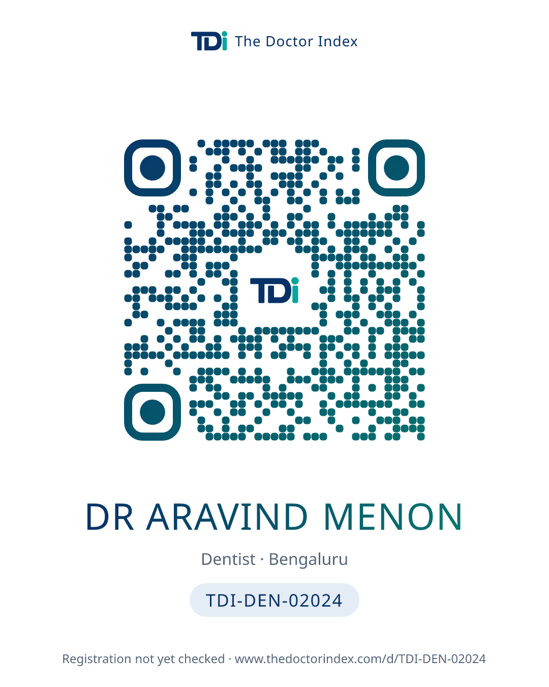 QR card for Dr Aravind Menon, TDI-DEN-02024