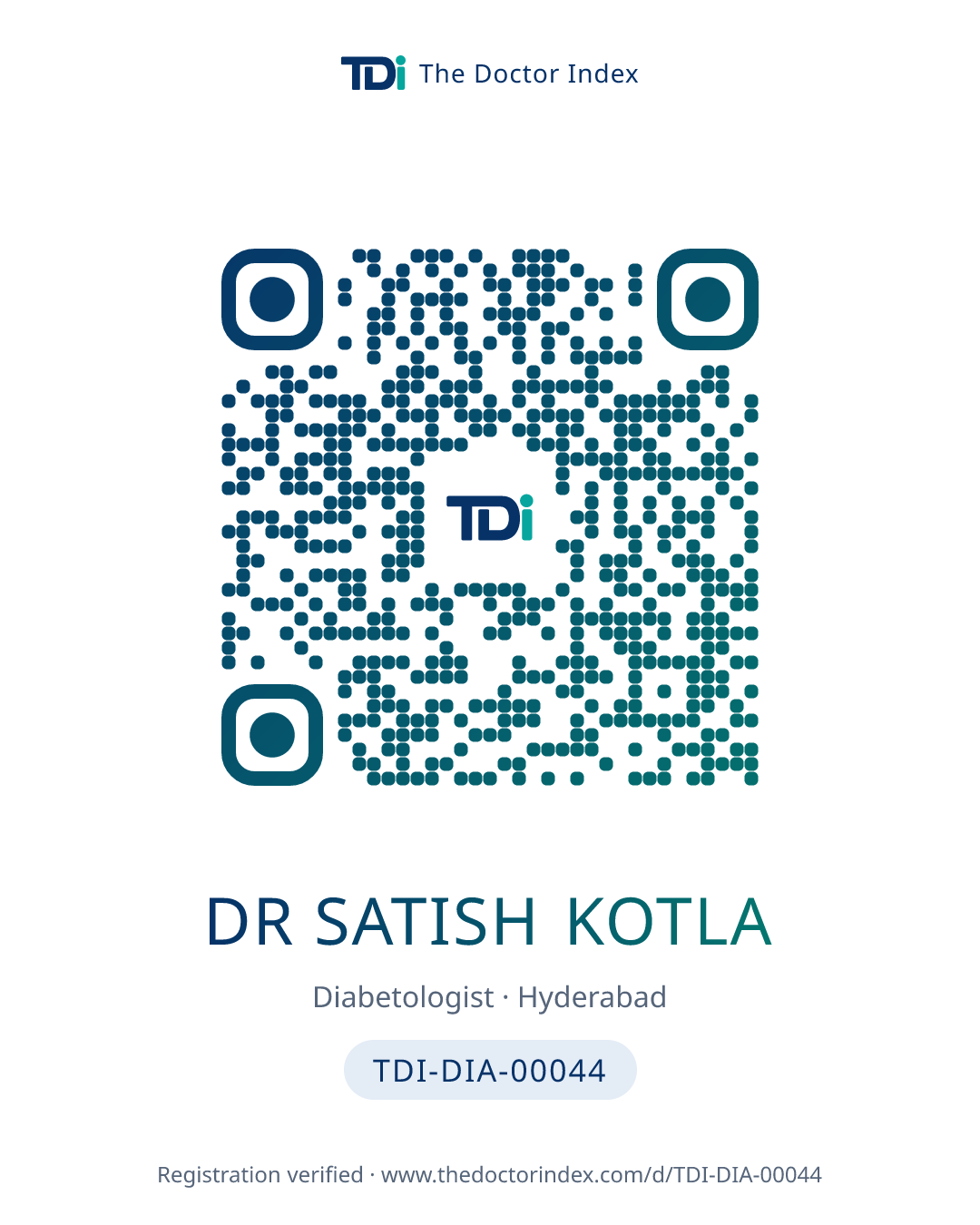 QR card for Dr Satish Kotla, TDI-DIA-00044