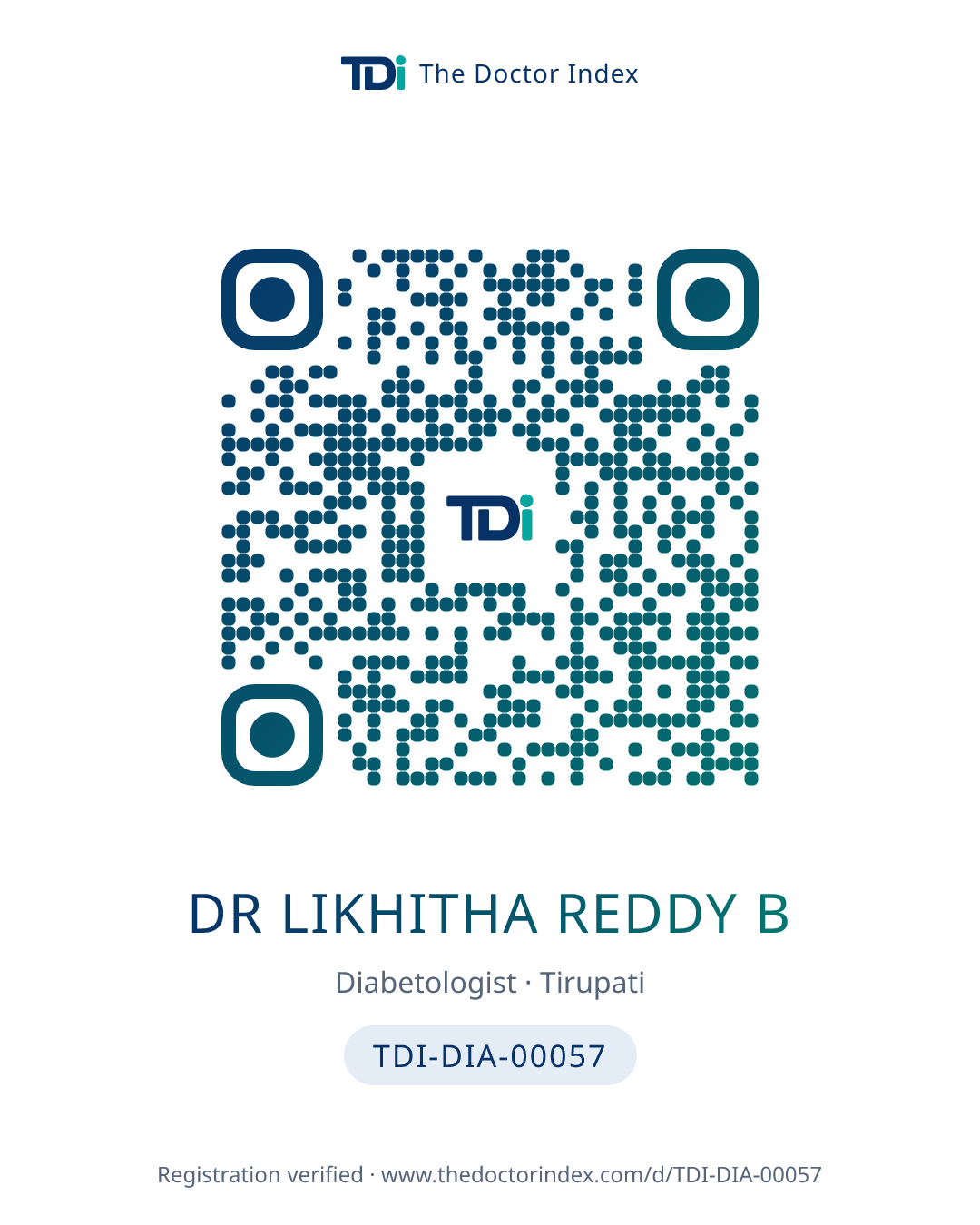 QR card for Dr Likhitha Reddy B, TDI-DIA-00057