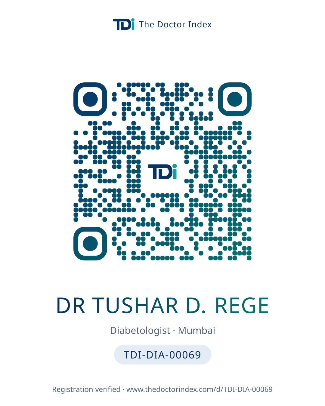 QR card for Dr Tushar D. Rege, TDI-DIA-00069