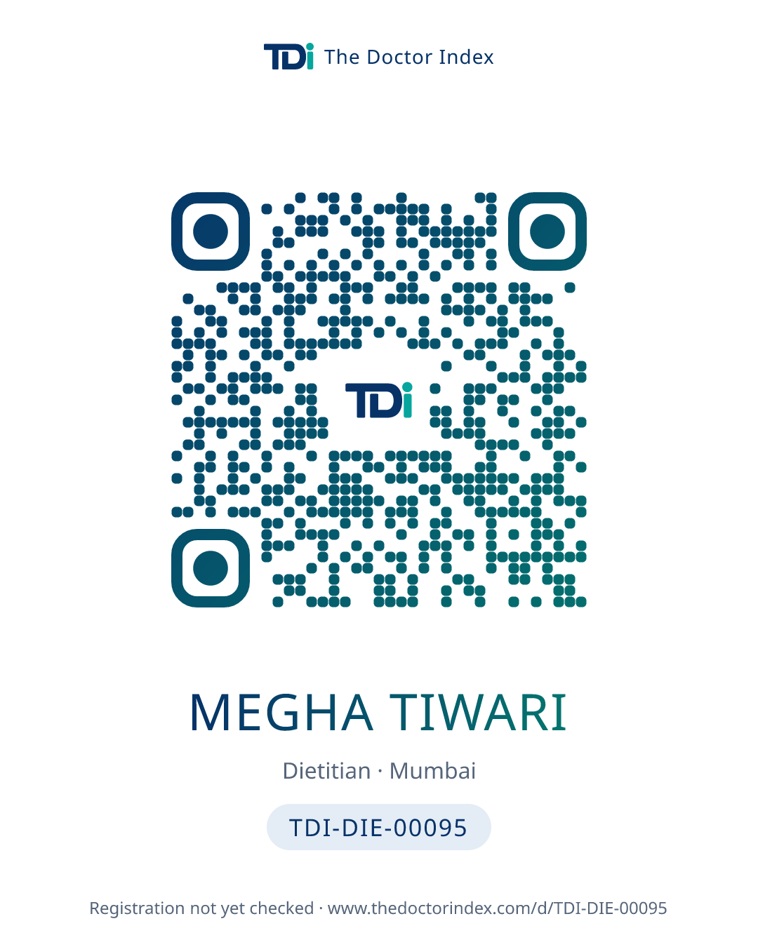 QR card for Megha Tiwari, TDI-DIE-00095
