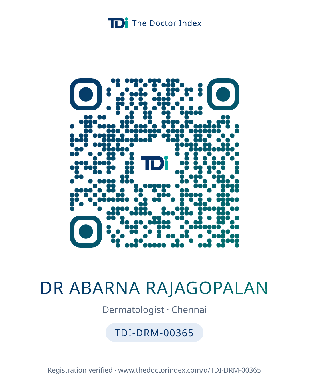 QR card for Dr Abarna Rajagopalan, TDI-DRM-00365
