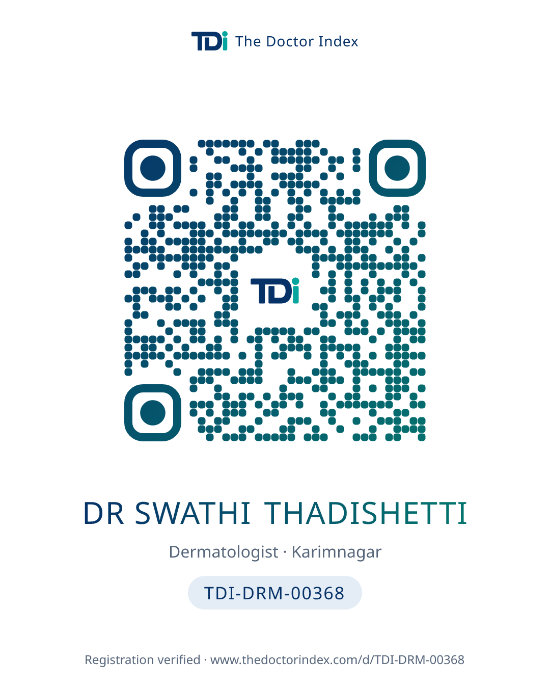 QR card for Dr Swathi Thadishetti, TDI-DRM-00368