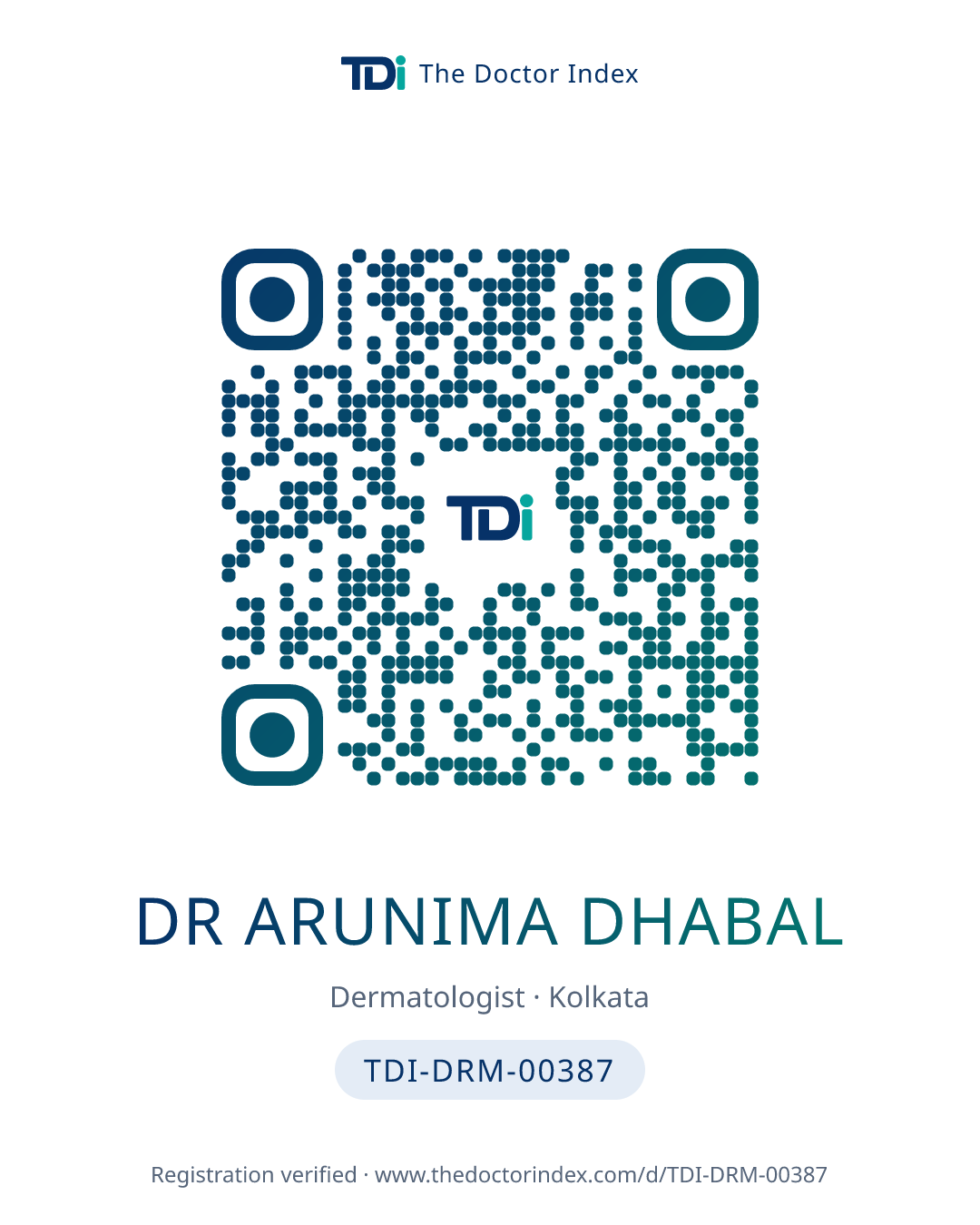 QR card for Dr Arunima Dhabal, TDI-DRM-00387