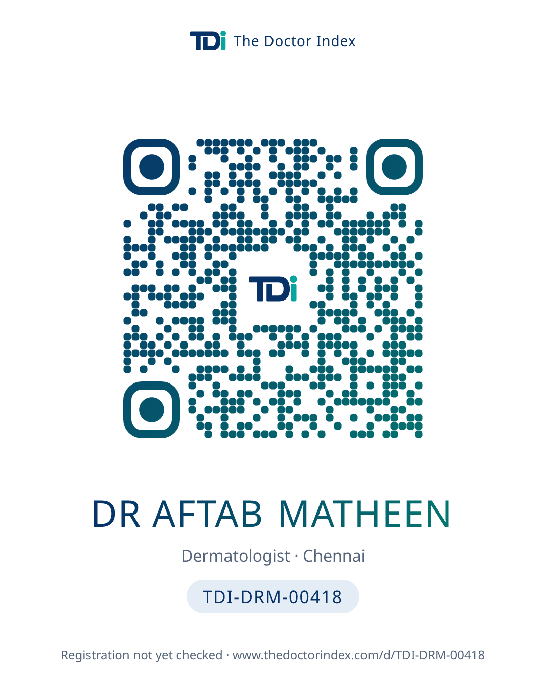 QR card for Dr Aftab Matheen, TDI-DRM-00418