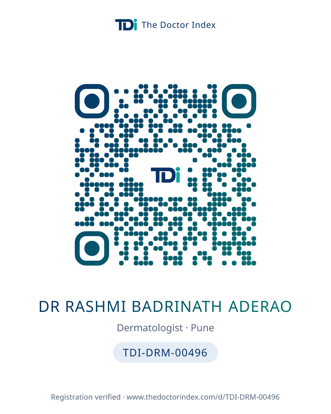 QR card for Dr Rashmi Badrinath Aderao, TDI-DRM-00496