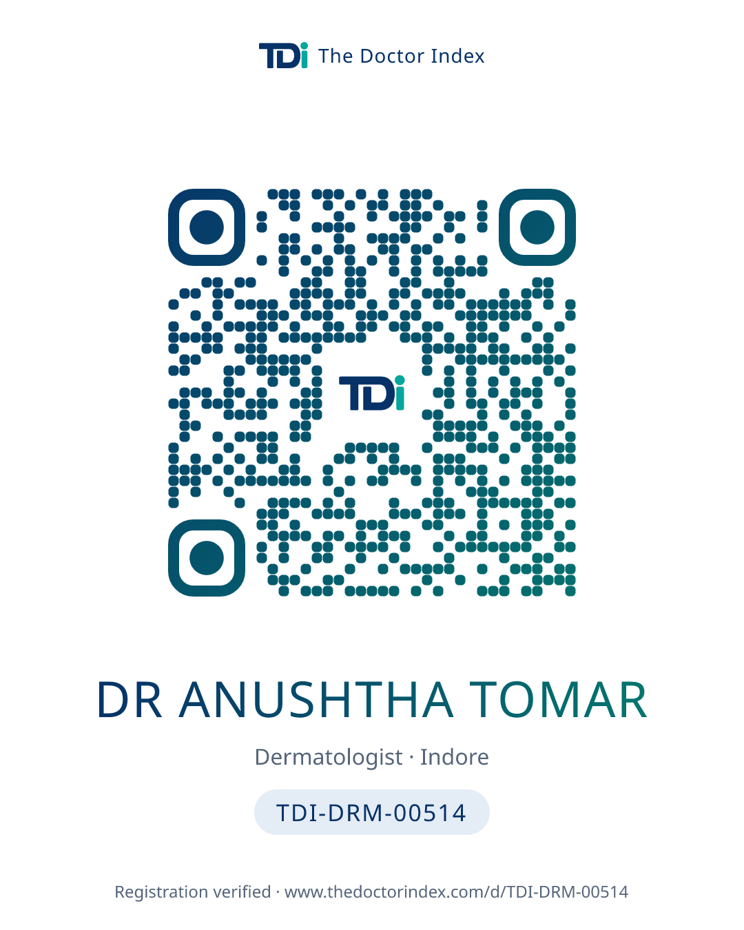 QR card for Dr Anushtha Tomar, TDI-DRM-00514