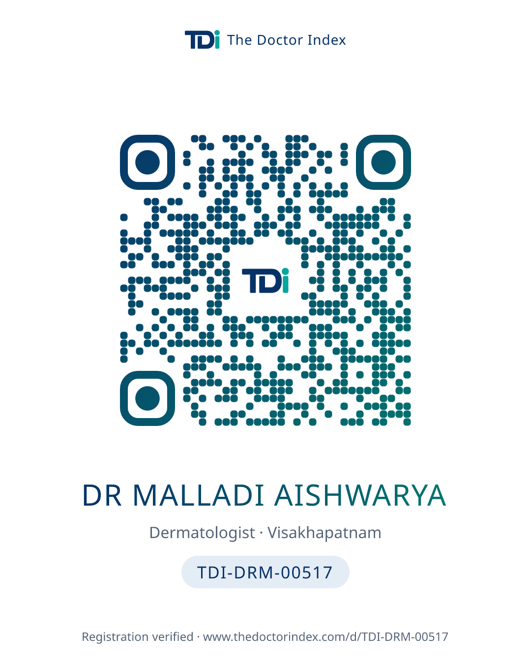 QR card for Dr Malladi Aishwarya, TDI-DRM-00517