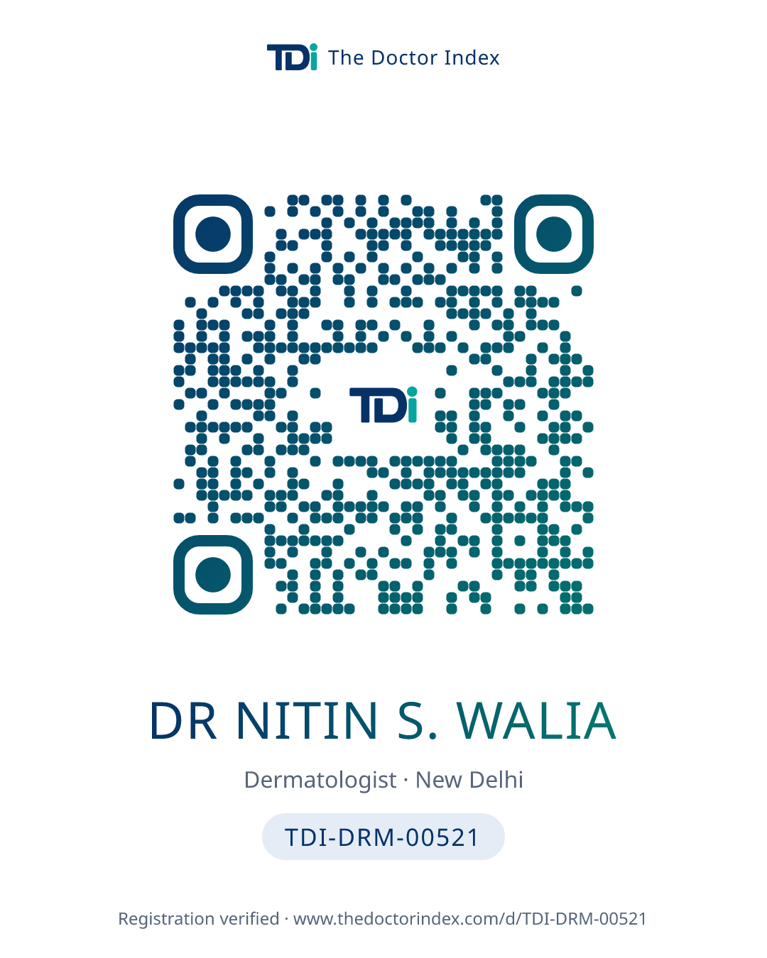 QR card for Dr Nitin S. Walia, TDI-DRM-00521