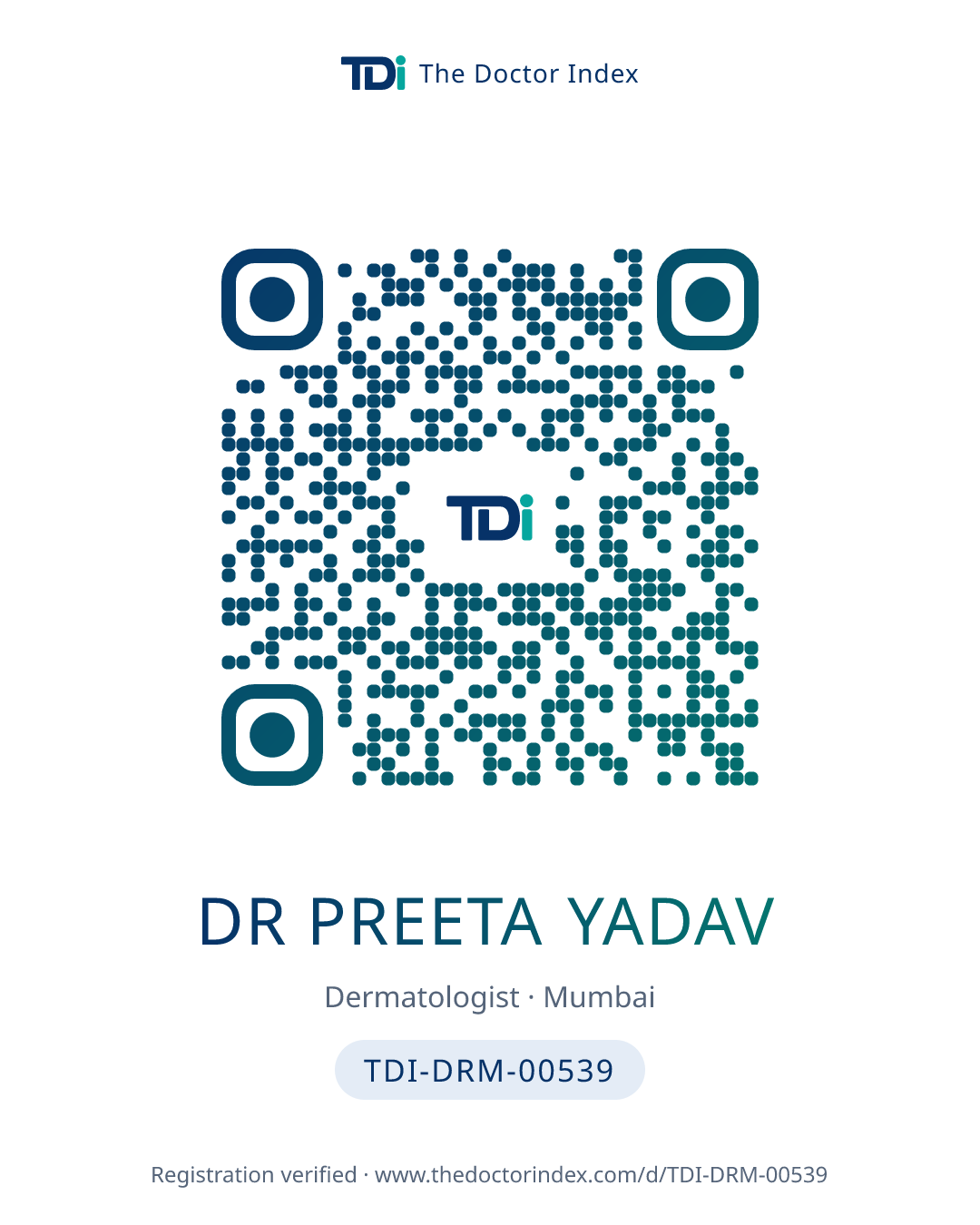 QR card for Dr Preeta Yadav, TDI-DRM-00539