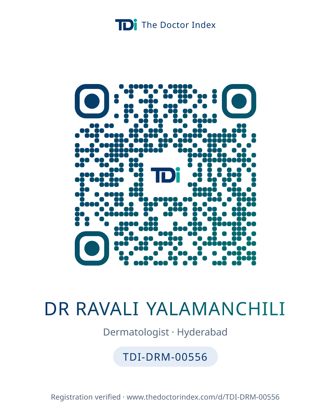 QR card for Dr Ravali Yalamanchili, TDI-DRM-00556