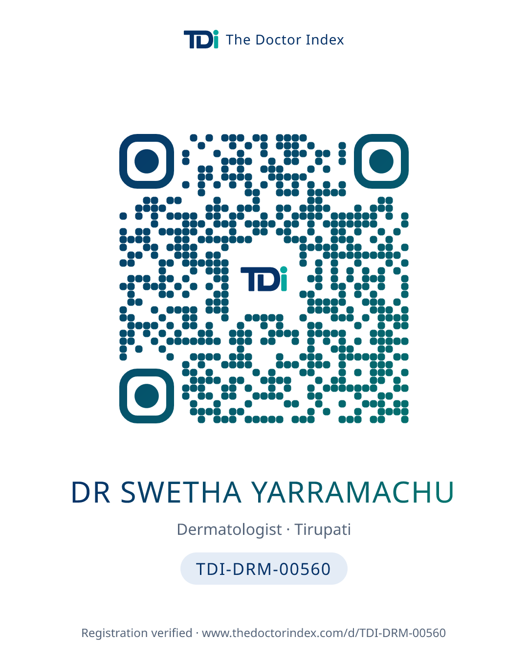 QR card for Dr Swetha Yarramachu, TDI-DRM-00560