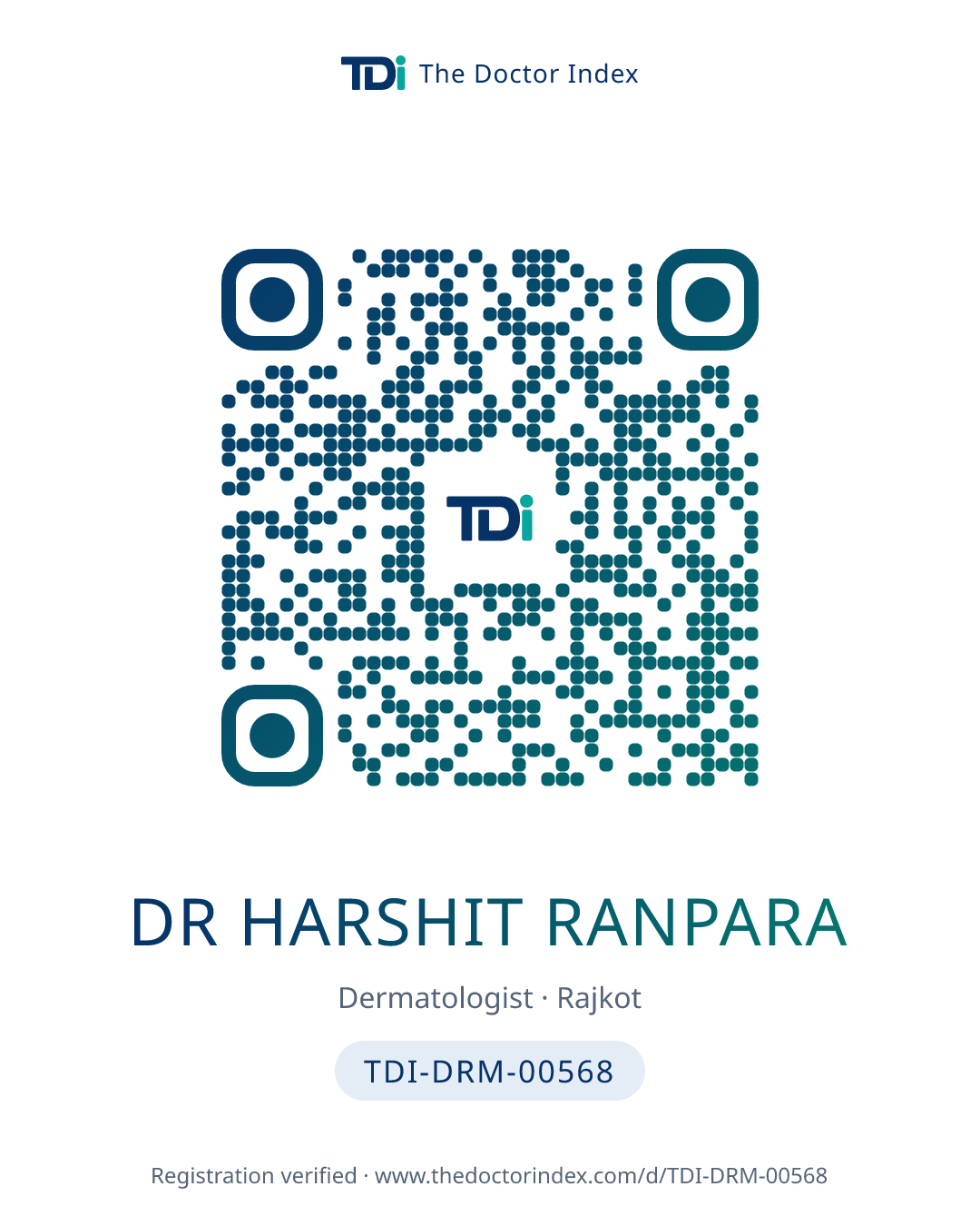 QR card for Dr Harshit Ranpara, TDI-DRM-00568