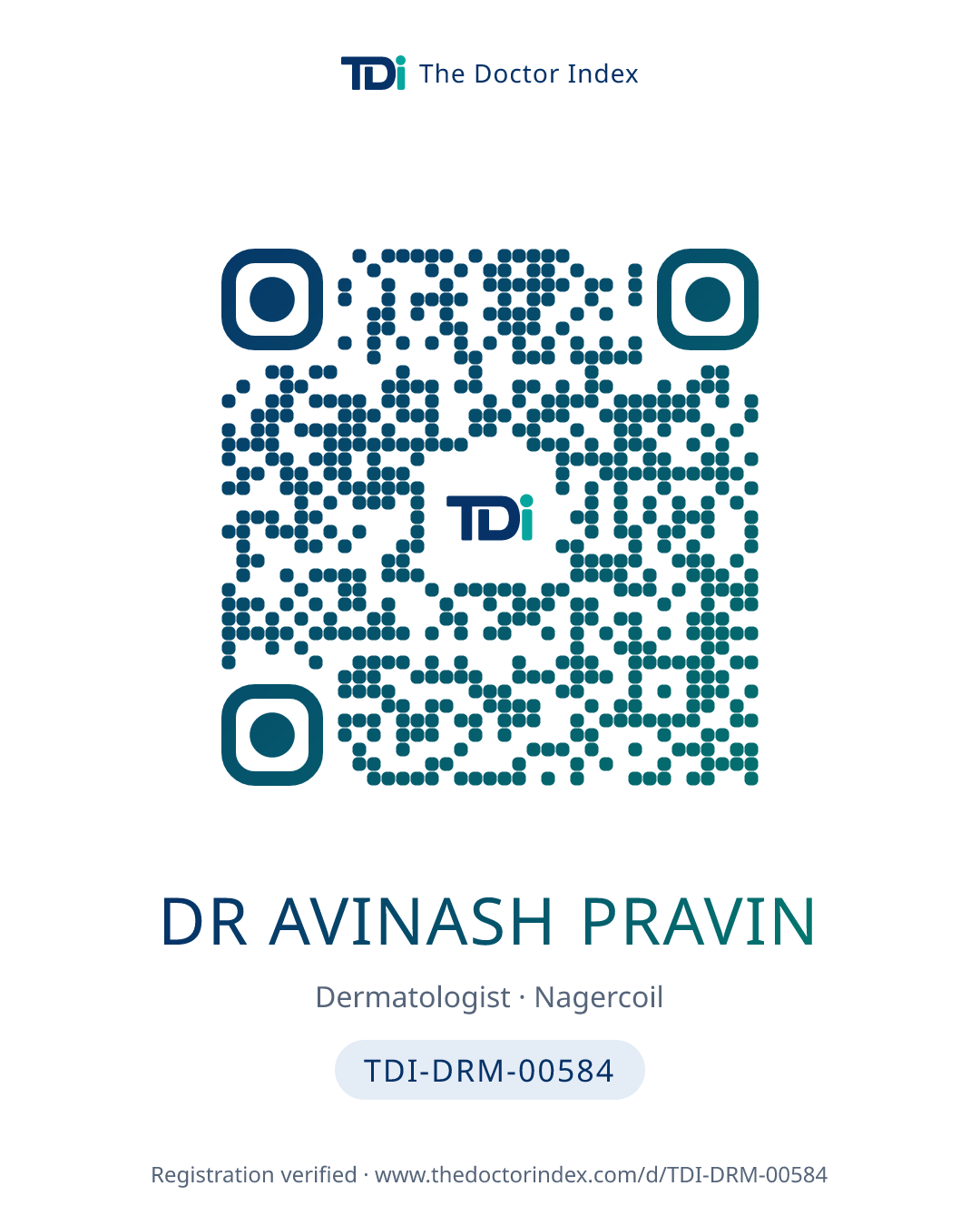 QR card for Dr Avinash Pravin, TDI-DRM-00584