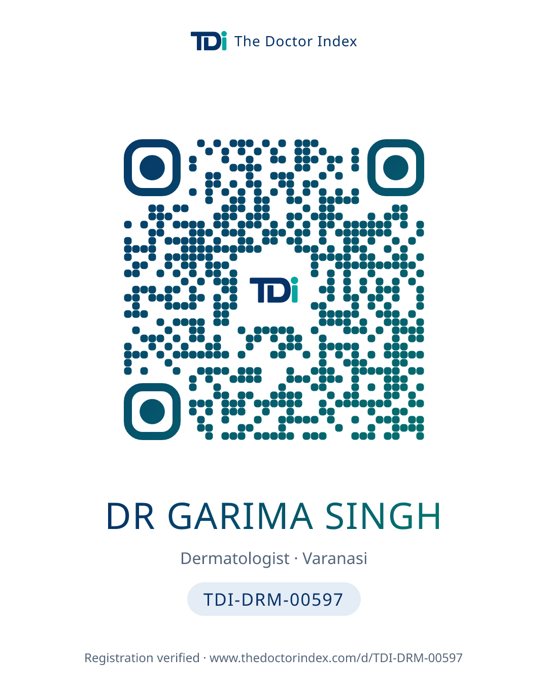 QR card for Dr Garima Singh, TDI-DRM-00597