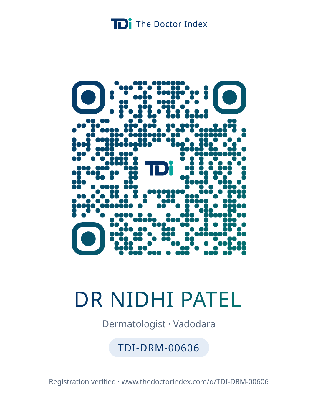 QR card for Dr Nidhi Patel, TDI-DRM-00606