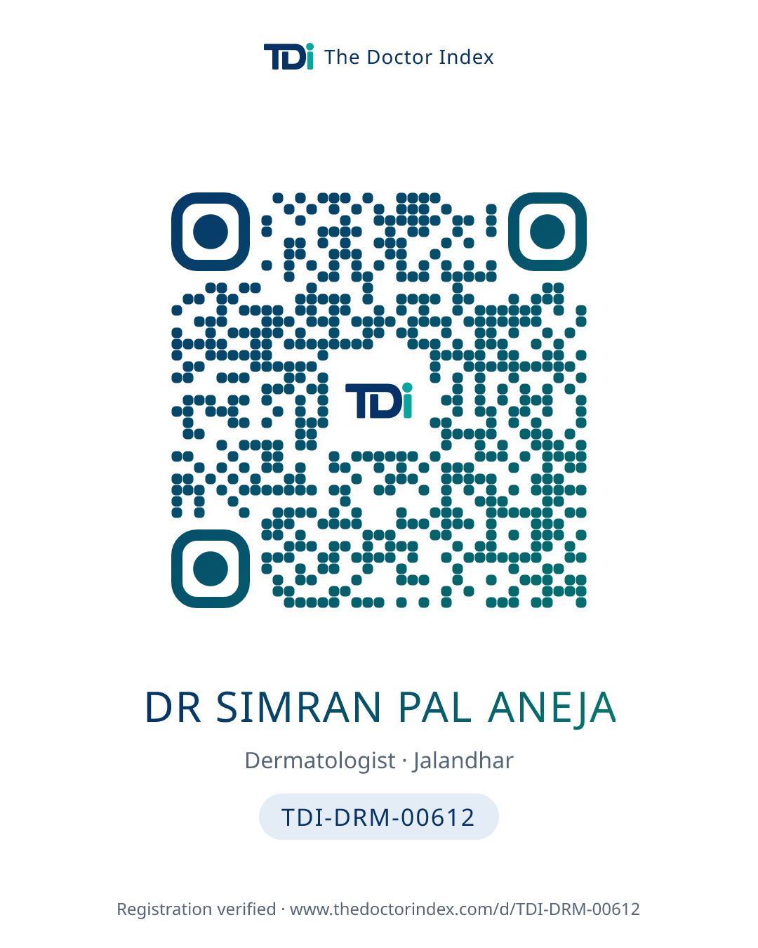 QR card for Dr Simran Pal Aneja, TDI-DRM-00612