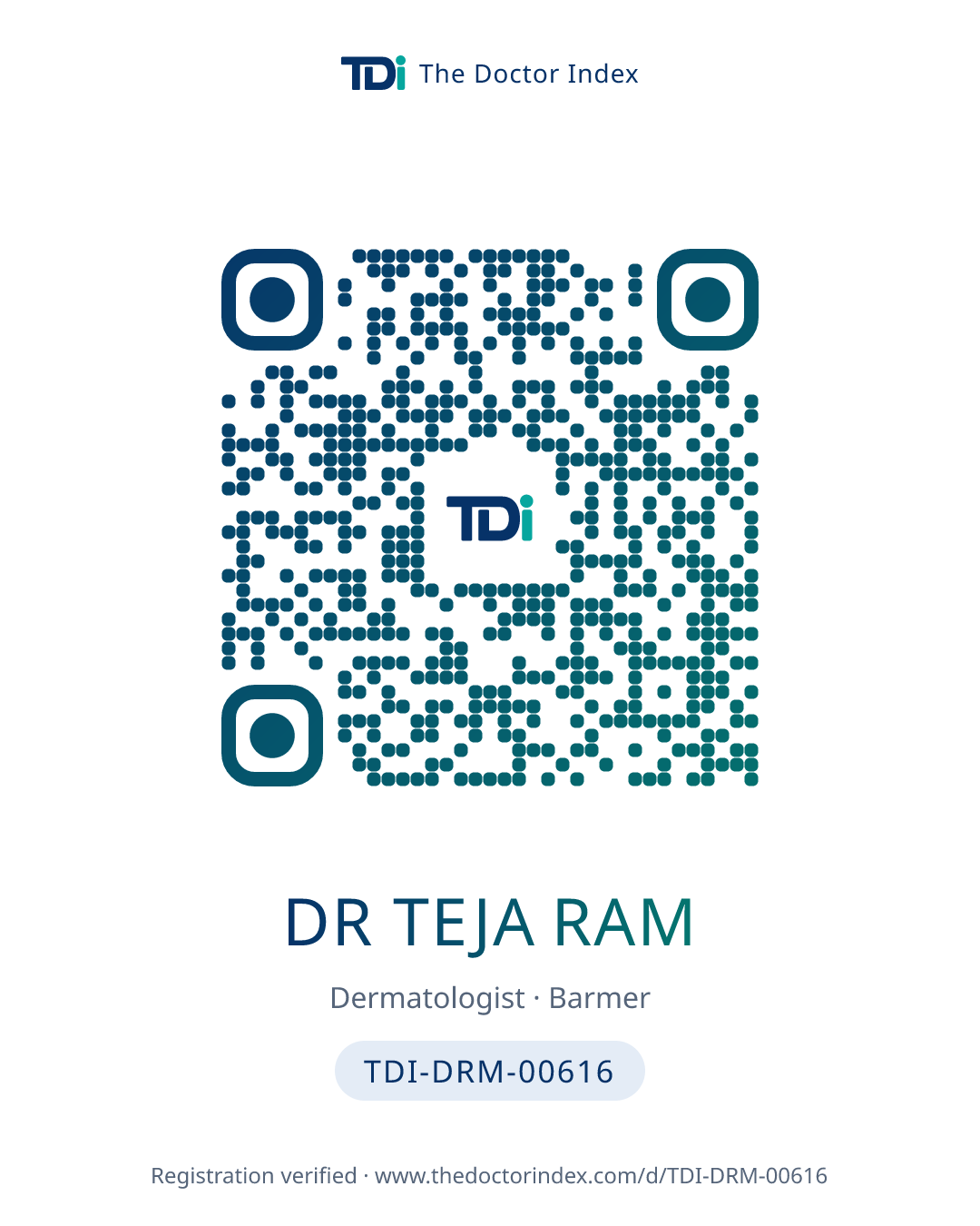 QR card for Dr Teja Ram, TDI-DRM-00616