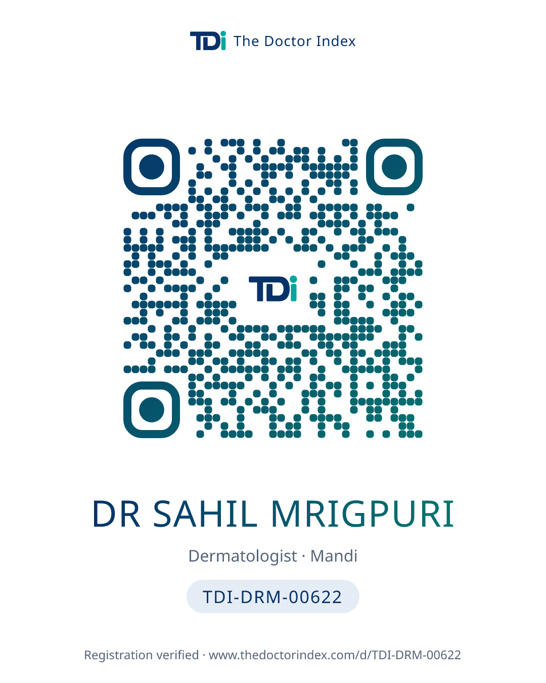 QR card for Dr Sahil Mrigpuri, TDI-DRM-00622