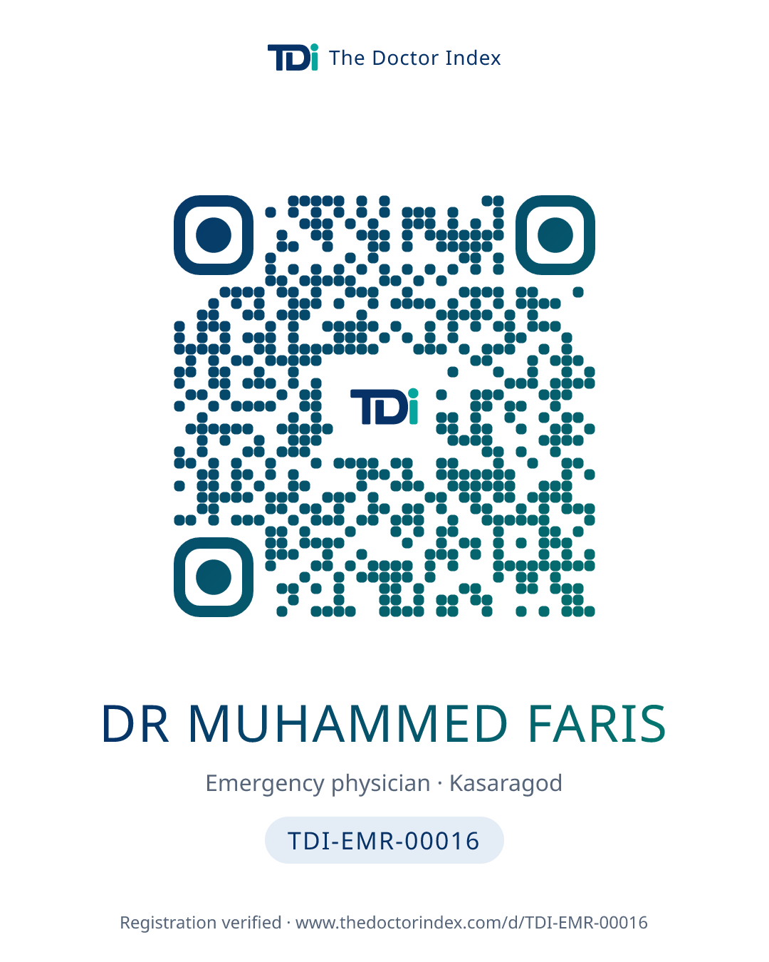 QR card for Dr Muhammed Faris, TDI-EMR-00016