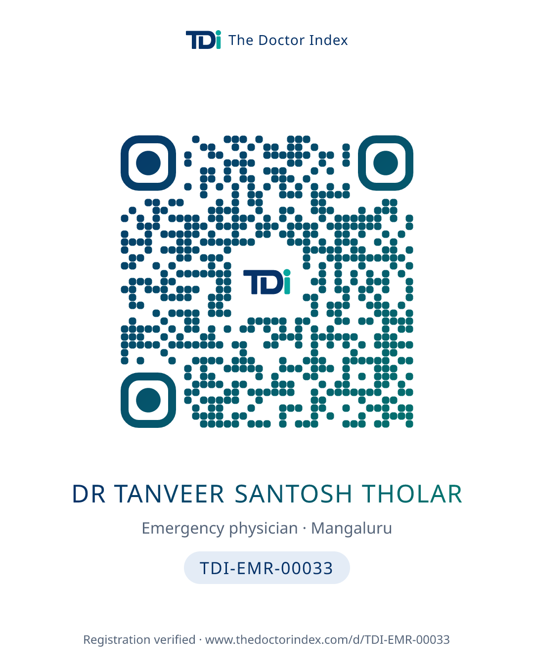 QR card for Dr Tanveer Santosh Tholar, TDI-EMR-00033