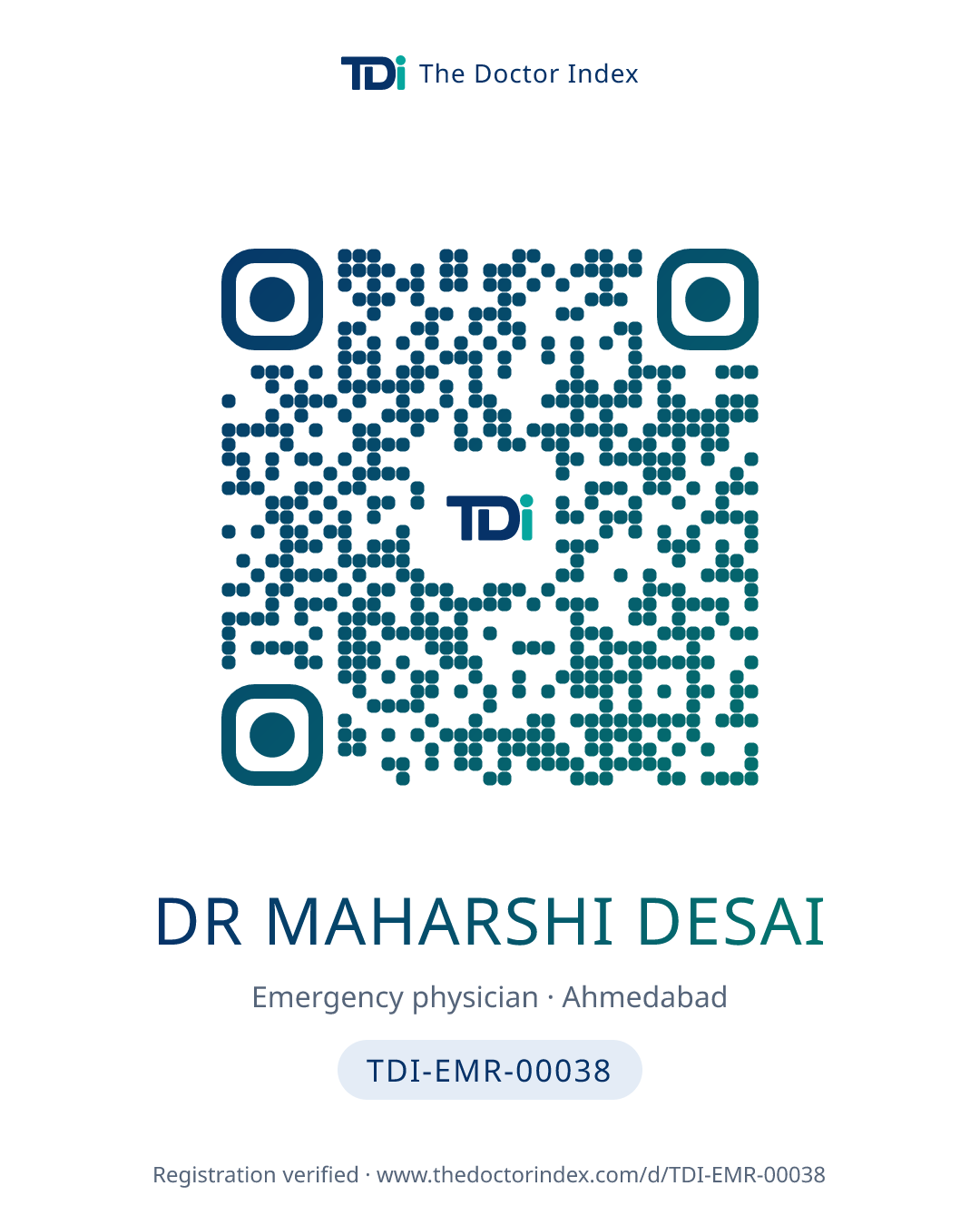 QR card for Dr Maharshi Desai, TDI-EMR-00038