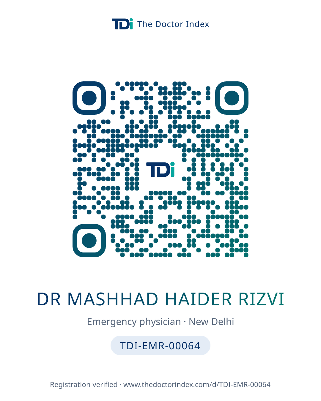 QR card for Dr Mashhad Haider Rizvi, TDI-EMR-00064