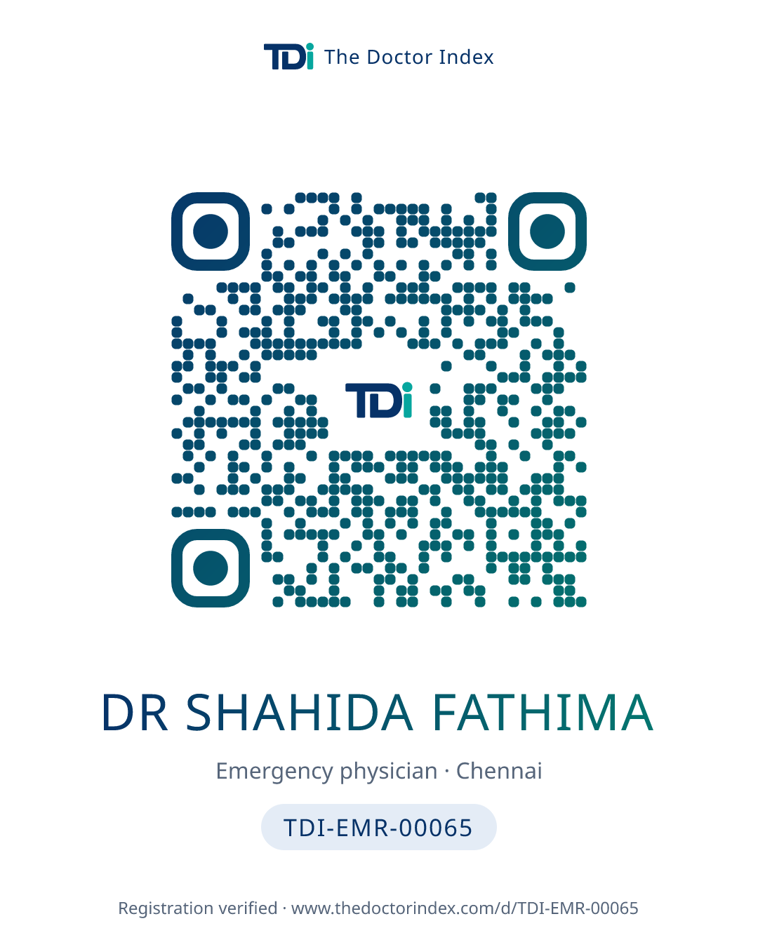 QR card for Dr Shahida Fathima, TDI-EMR-00065