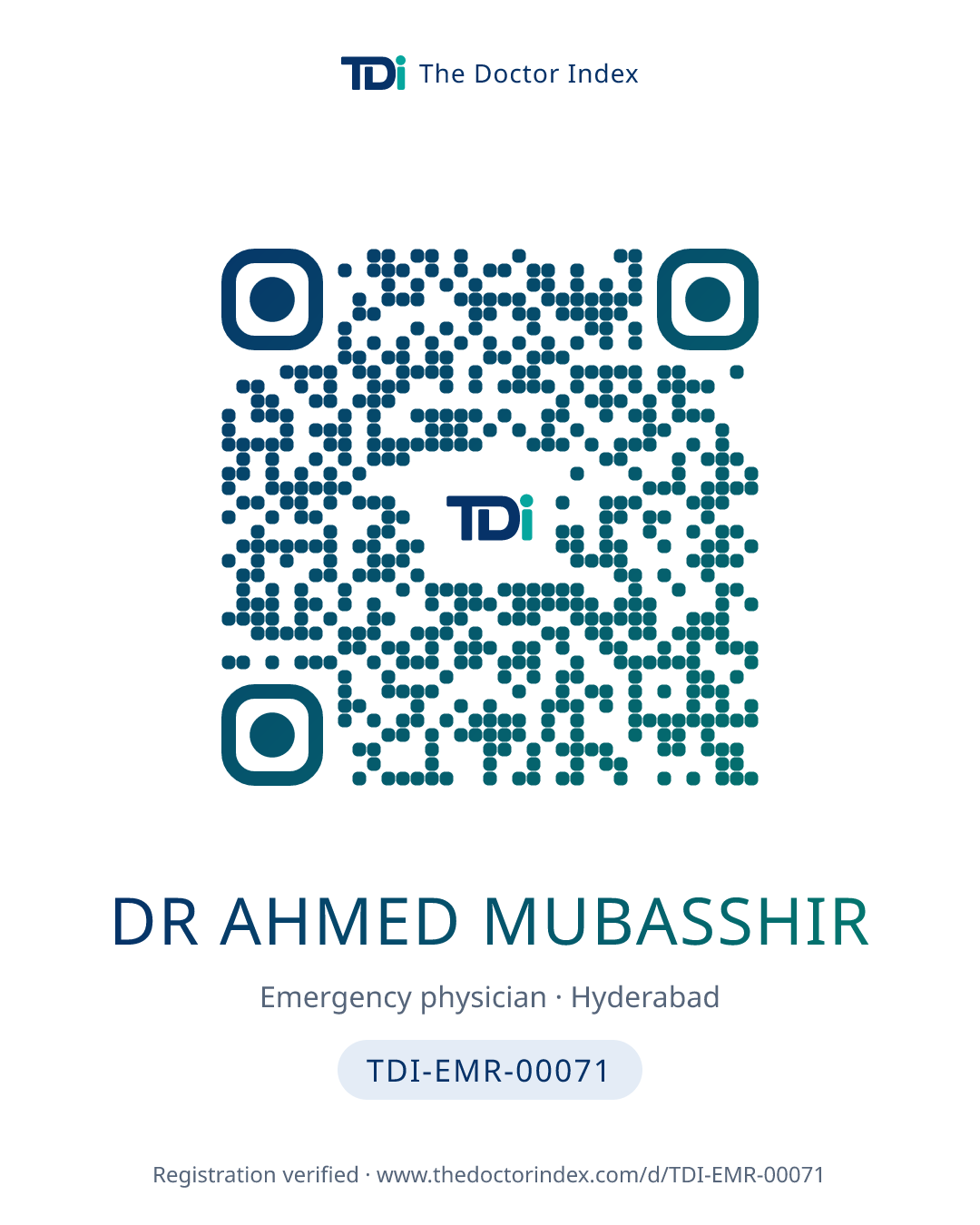 QR card for Dr Ahmed Mubasshir, TDI-EMR-00071