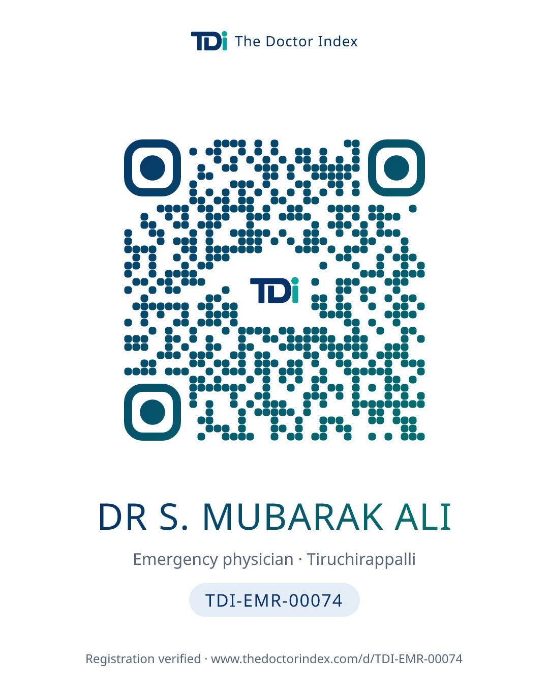 QR card for Dr S. Mubarak Ali, TDI-EMR-00074