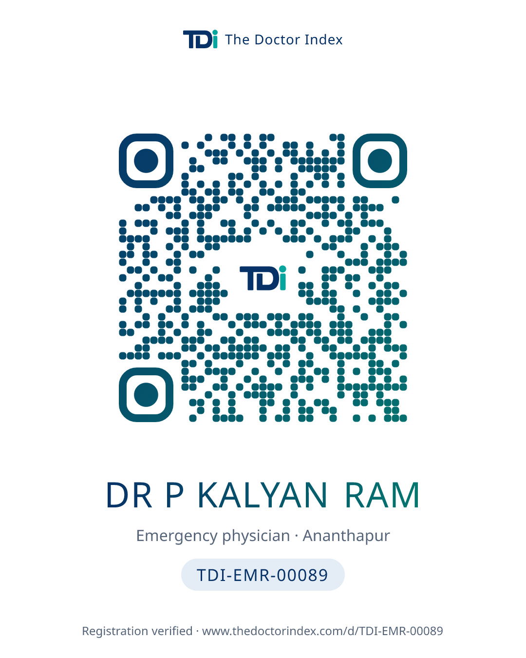 QR card for Dr P Kalyan Ram, TDI-EMR-00089