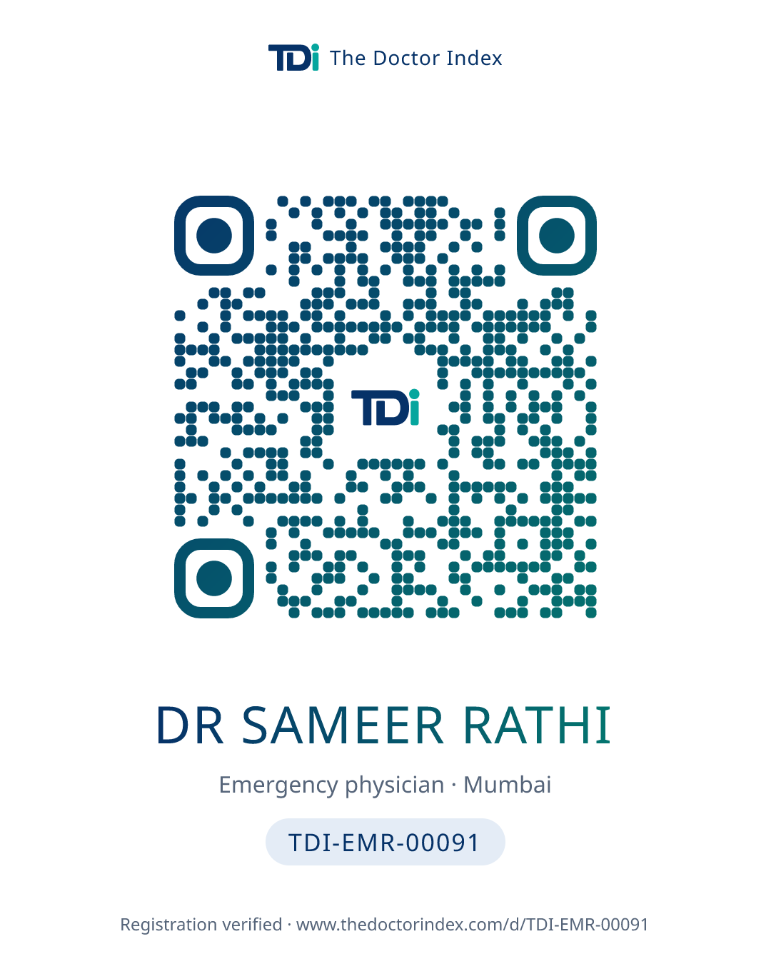QR card for Dr Sameer Rathi, TDI-EMR-00091