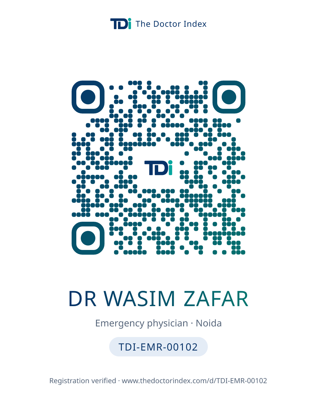 QR card for Dr Wasim Zafar, TDI-EMR-00102