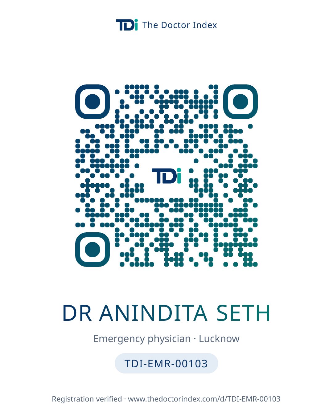 QR card for Dr Anindita Seth, TDI-EMR-00103