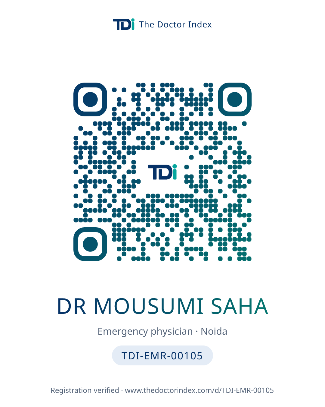 QR card for Dr Mousumi Saha, TDI-EMR-00105