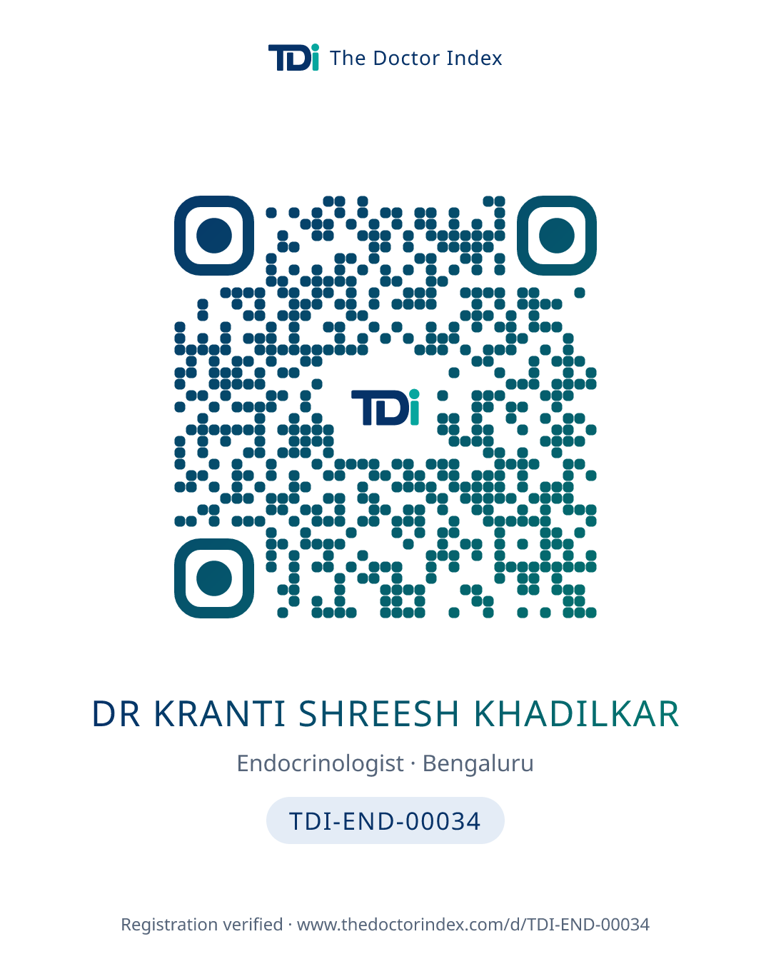 QR card for Dr Kranti Shreesh Khadilkar, TDI-END-00034