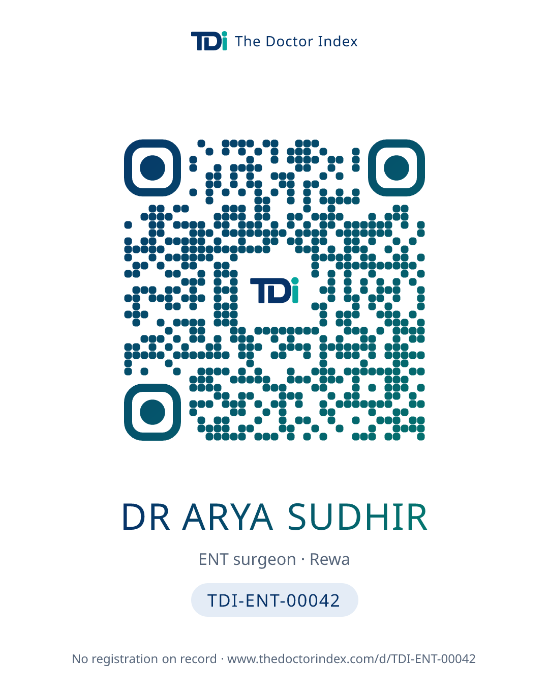 QR card for Dr Arya Sudhir, TDI-ENT-00042