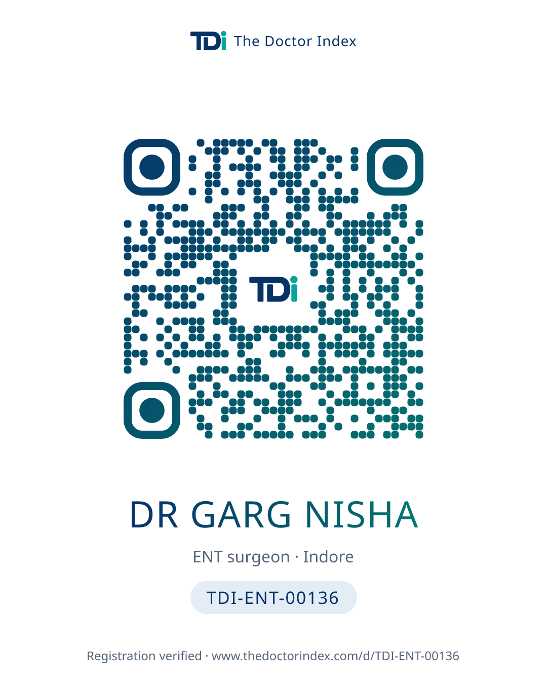 QR card for Dr Garg Nisha, TDI-ENT-00136