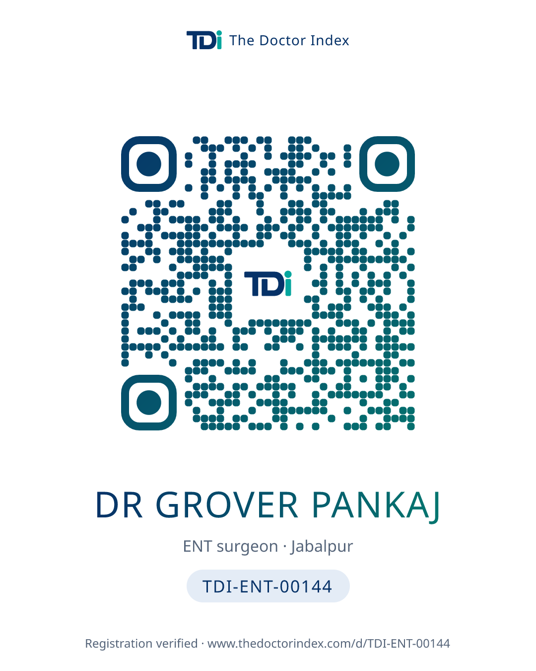QR card for Dr Grover Pankaj, TDI-ENT-00144