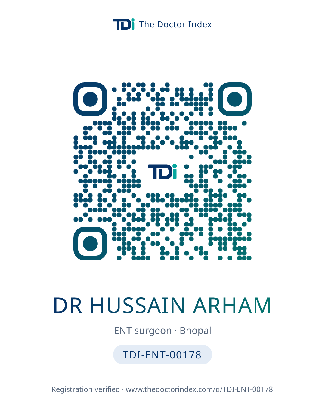 QR card for Dr Hussain Arham, TDI-ENT-00178
