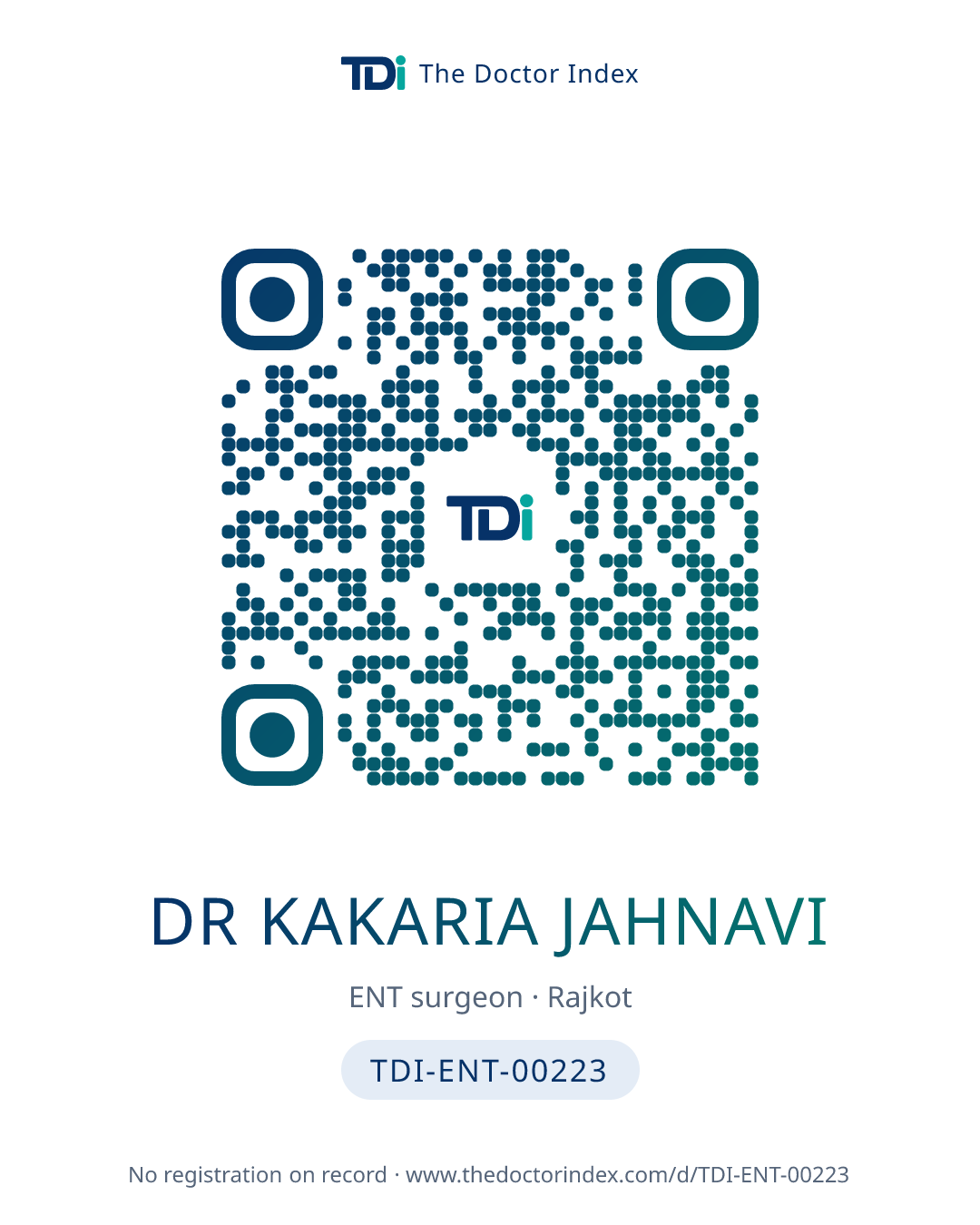 QR card for Dr Kakaria Jahnavi, TDI-ENT-00223