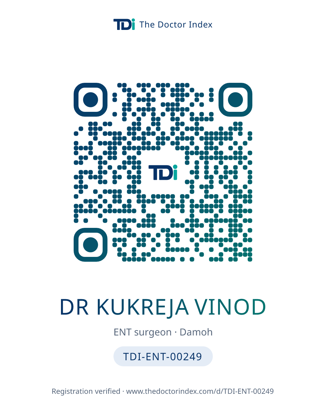 QR card for Dr Kukreja Vinod, TDI-ENT-00249