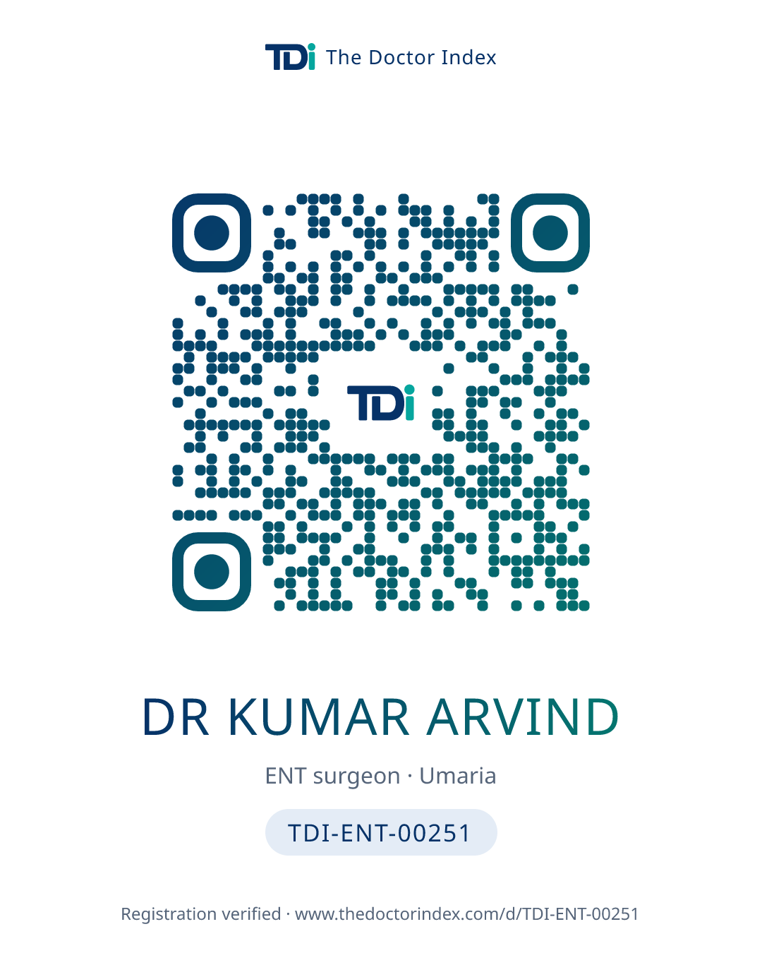 QR card for Dr Kumar Arvind, TDI-ENT-00251
