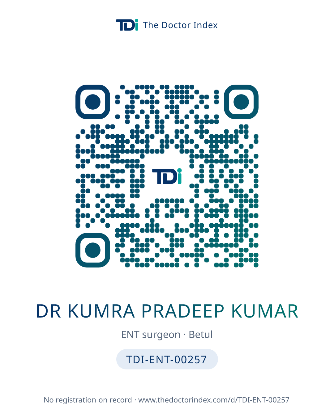 QR card for Dr Kumra Pradeep Kumar, TDI-ENT-00257