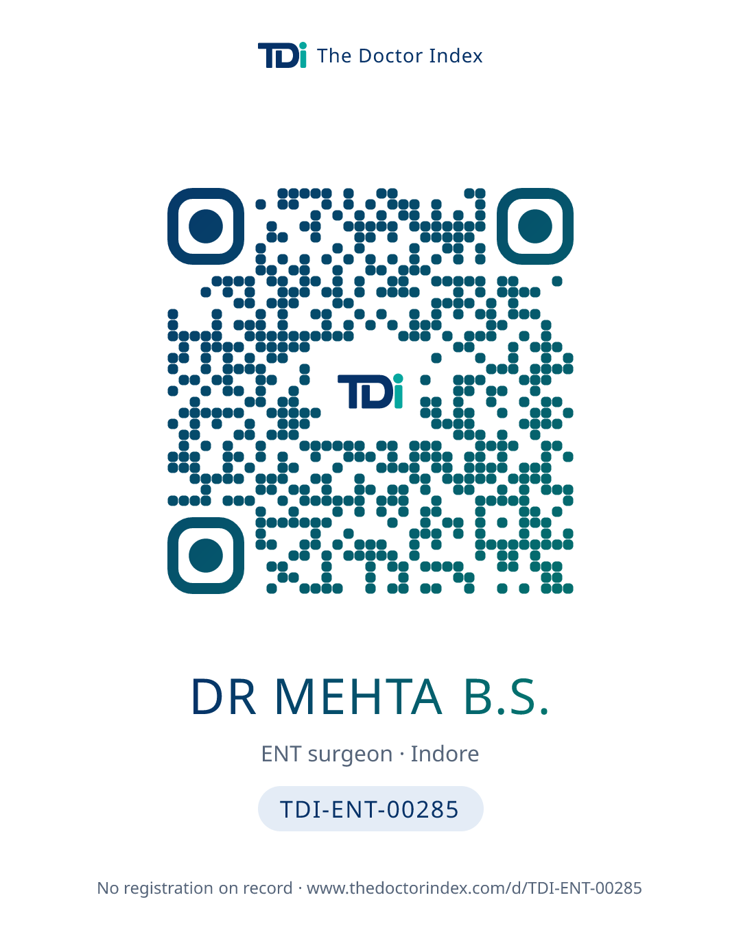 QR card for Dr Mehta B.S., TDI-ENT-00285