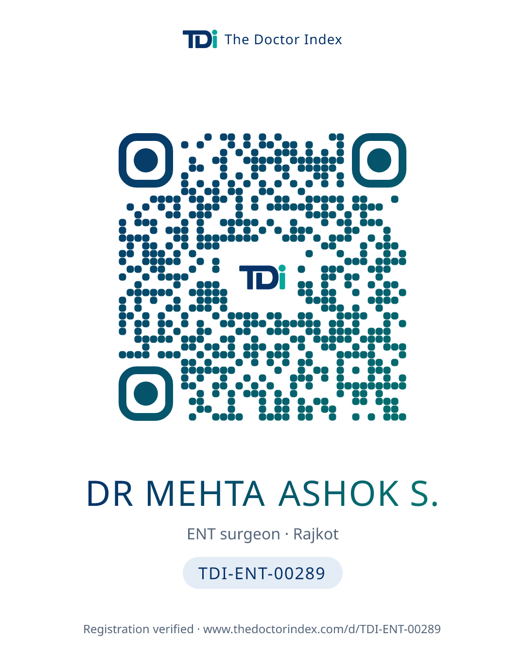 QR card for Dr Mehta Ashok S., TDI-ENT-00289