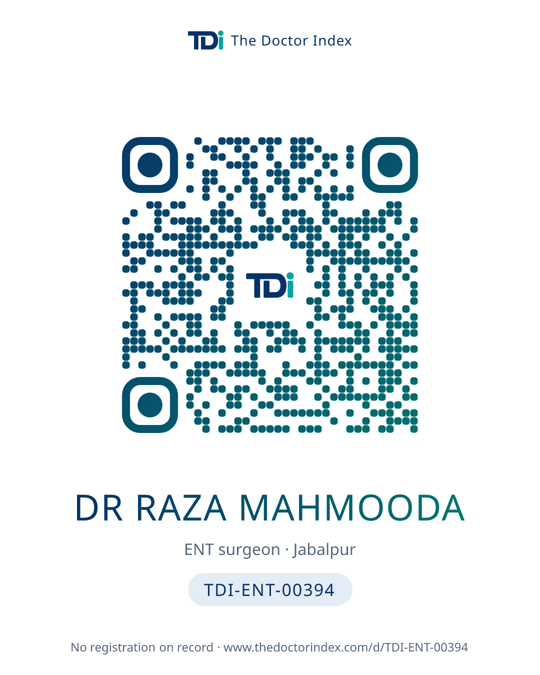 QR card for Dr Raza Mahmooda, TDI-ENT-00394