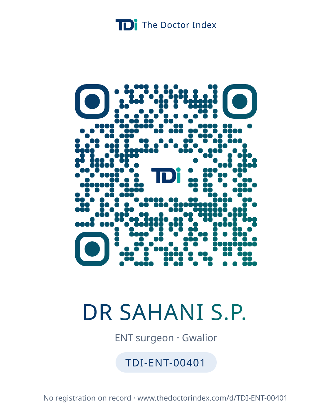 QR card for Dr Sahani S.P., TDI-ENT-00401